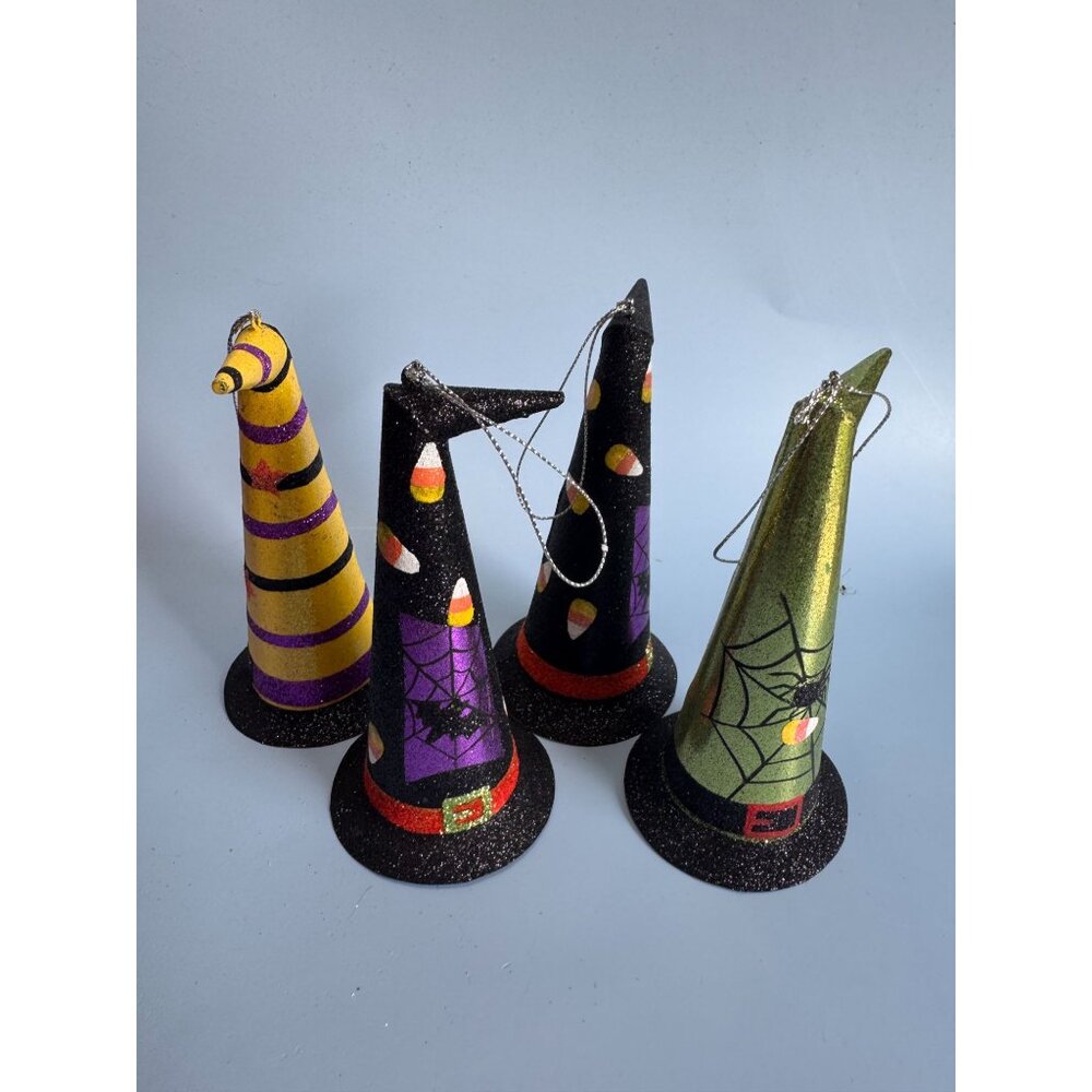 4 Witches Hat Halloween Metal Ornaments 6" With Glitter & Festive Designs - Picture 4 of 7